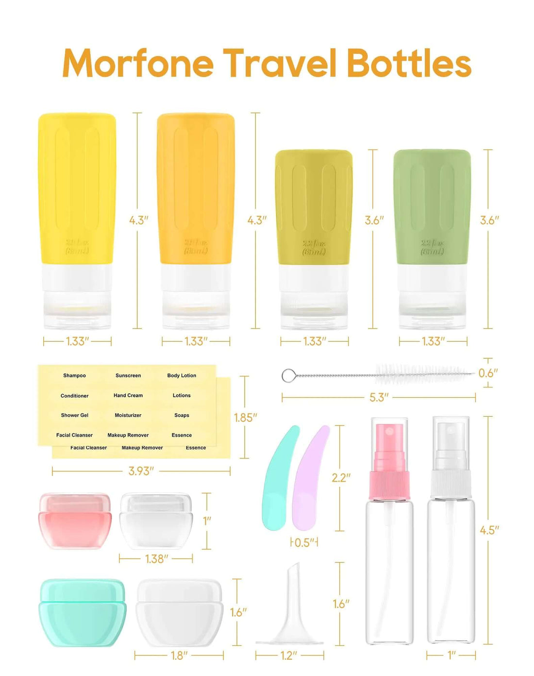 Lot de 16 flacons de voyage pour produits de toilette Morfone (jaune)