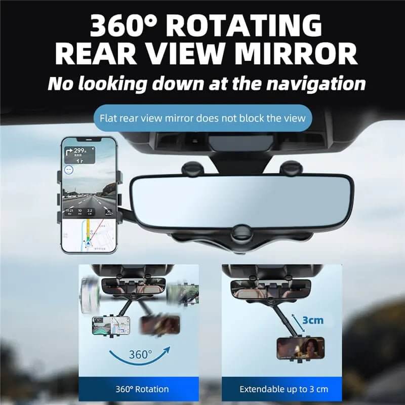 The 360° Car Rear View Mirror Phone Holder is a versatile and practical accessory designed to keep your smartphone secure and accessible while driving. Featuring a 360-degree adjustable rotation, it allows you to position your phone at the perfect angle for navigation, hands-free calls, or music control. The sturdy clamp attaches easily to your rearview mirror, ensuring stability even on bumpy roads. Compatible with a wide range of smartphones, this holder is ideal for drivers looking to enhance safety.