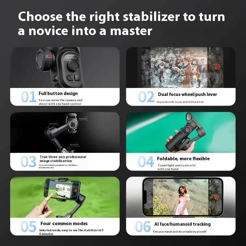 The 3-Axis Smartphone Gimbal is a powerful stabilization tool designed to elevate your mobile photography and videography. With advanced 3-axis stabilization technology, it ensures smooth, shake-free footage, even during dynamic movement. Compatible with most smartphones, this gimbal offers features like object tracking, panorama mode, and time-lapse capabilities for creative shooting.