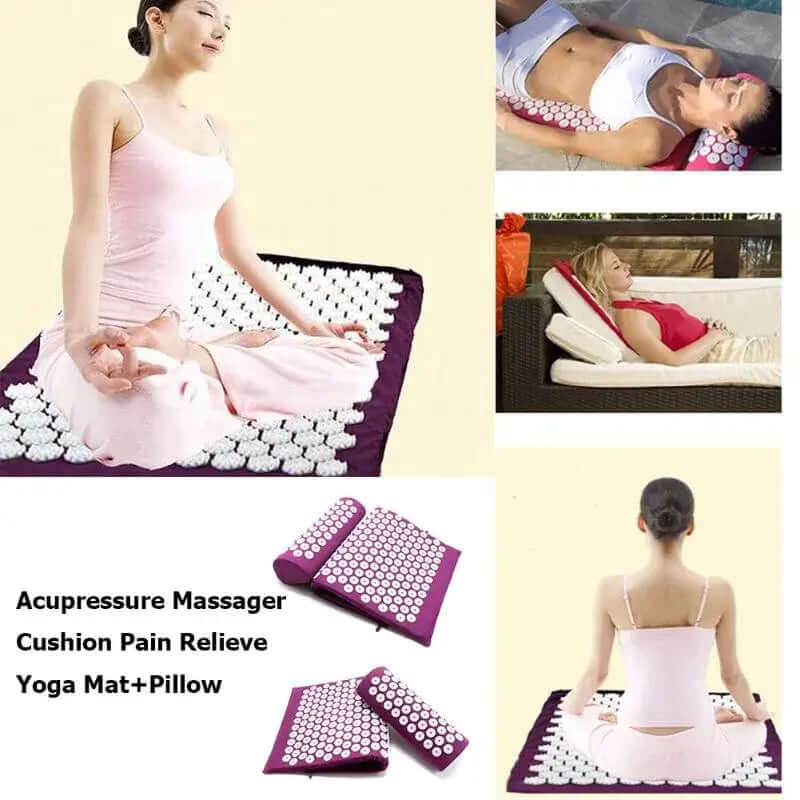 Portable acupressure massage yoga mat and pillow, designed for relaxation and pain relief, promoting health and comfort.