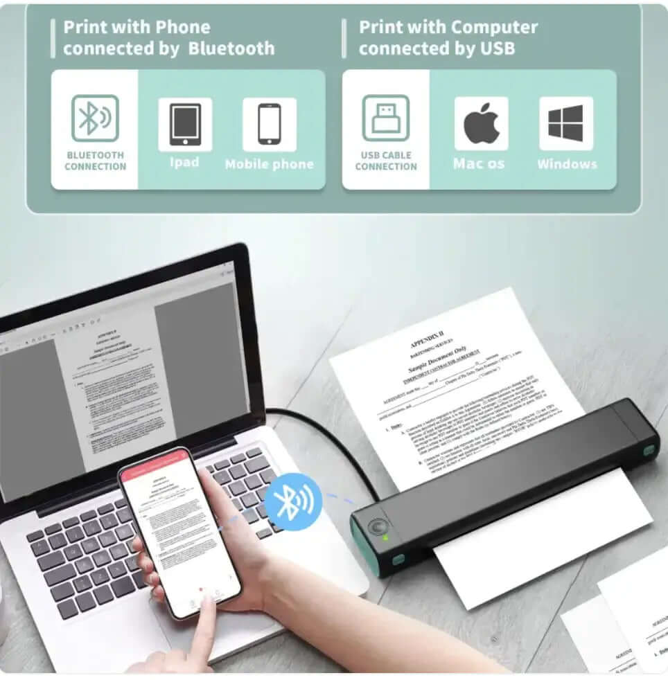 A4 Portable Wireless Bluetooth Thermal Printer for Travel & Mobile Office