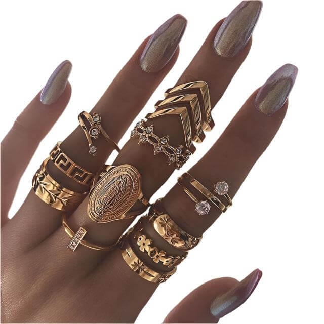 The 13-Piece Medallion Ring Set combines elegance and versatility with its intricate designs and shimmering Austrian crystals. Each ring is 18K gold-plated, ensuring a luxurious finish and long-lasting brilliance.