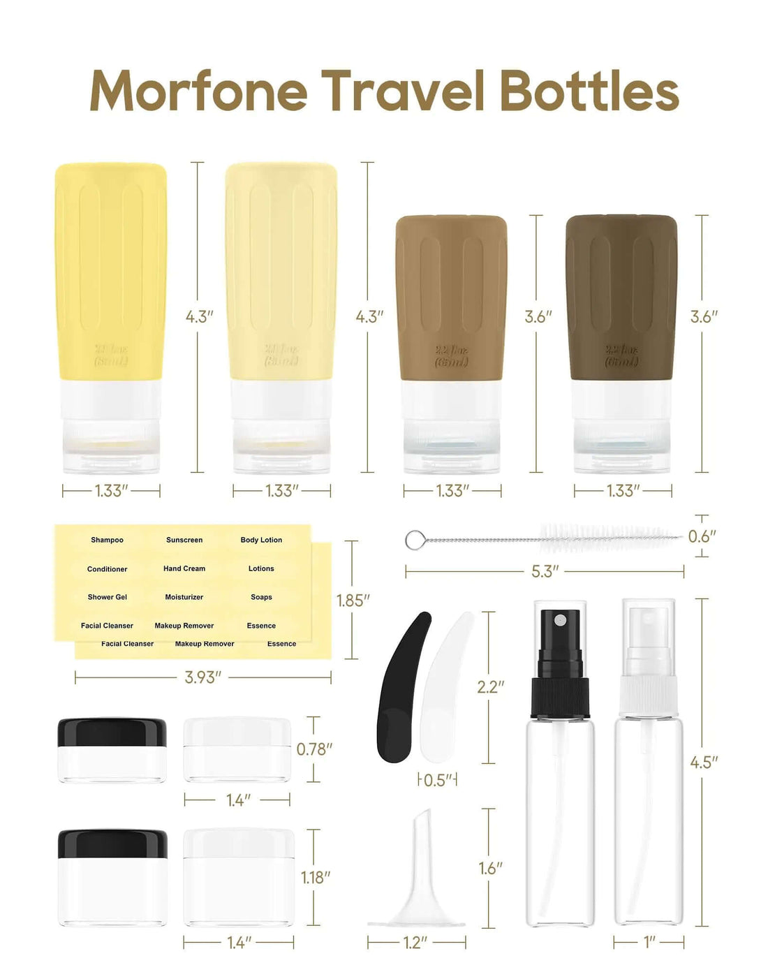 Lot de 16 flacons de voyage Morfone pour produits de toilette (marron jaune)