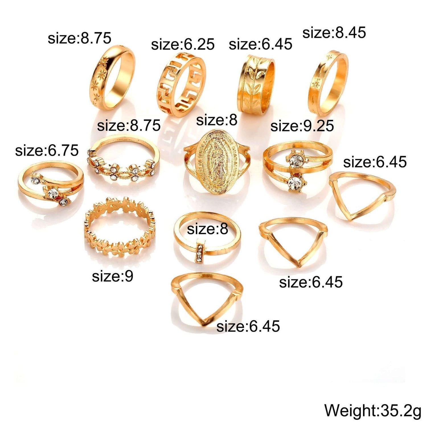 The 13-Piece Medallion Ring Set combines elegance and versatility with its intricate designs and shimmering Austrian crystals. Each ring is 18K gold-plated, ensuring a luxurious finish and long-lasting brilliance.