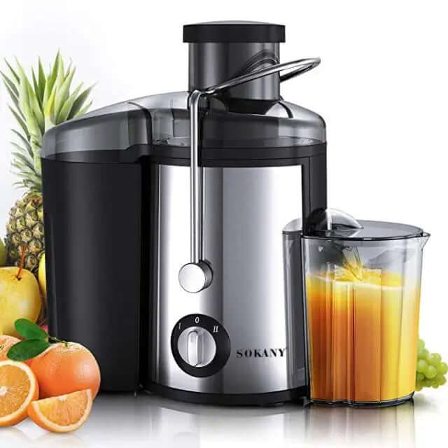 Press juicer machine for extracting fresh orange-carrot juice, featuring a portable cup for easy serving and storage.