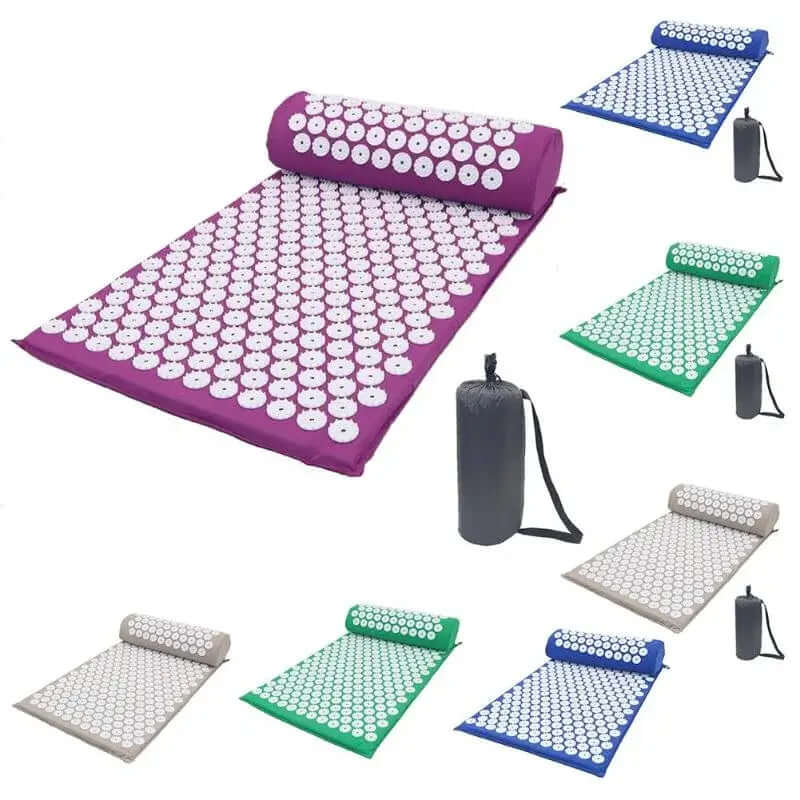 Portable yoga mat with acupressure points in various colors, ideal for health and relaxation, includes carrying bag.