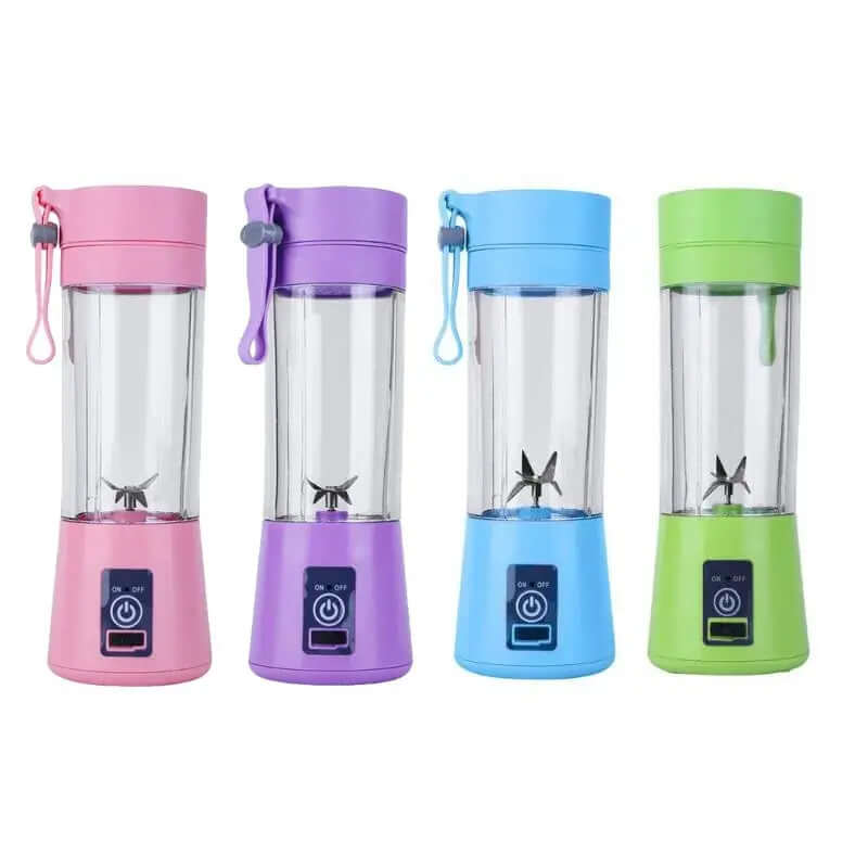 Portable Juicer Cups in pink, purple, blue, and green – Lightweight electric blenders for smoothies, juices, and easy on-the-go blending.