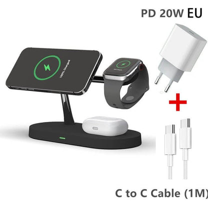 The 3-in-1 Wireless MagSafe Charger Stand is a sleek and versatile charging solution designed to power your devices efficiently. With dedicated spaces for your iPhone (MagSafe compatible), Apple Watch, and AirPods, it keeps your essentials organized and fully charged. The stand offers fast wireless charging with a compact, modern design that complements any space.