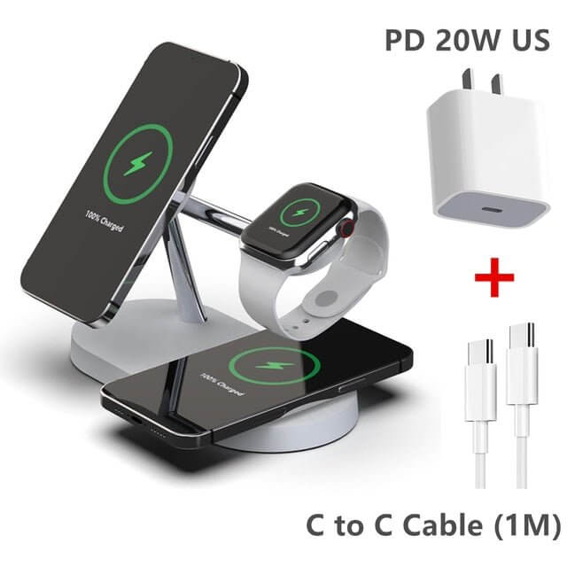 The 3-in-1 Wireless MagSafe Charger Stand is a sleek and versatile charging solution designed to power your devices efficiently. With dedicated spaces for your iPhone (MagSafe compatible), Apple Watch, and AirPods, it keeps your essentials organized and fully charged. The stand offers fast wireless charging with a compact, modern design that complements any space.