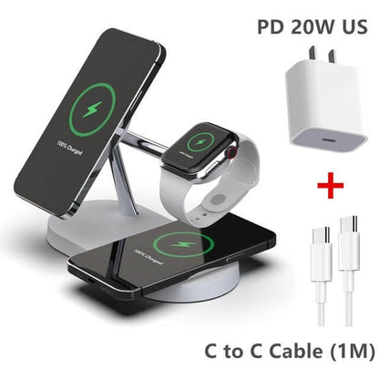 The 3-in-1 Wireless MagSafe Charger Stand is a sleek and versatile charging solution designed to power your devices efficiently. With dedicated spaces for your iPhone (MagSafe compatible), Apple Watch, and AirPods, it keeps your essentials organized and fully charged. The stand offers fast wireless charging with a compact, modern design that complements any space.