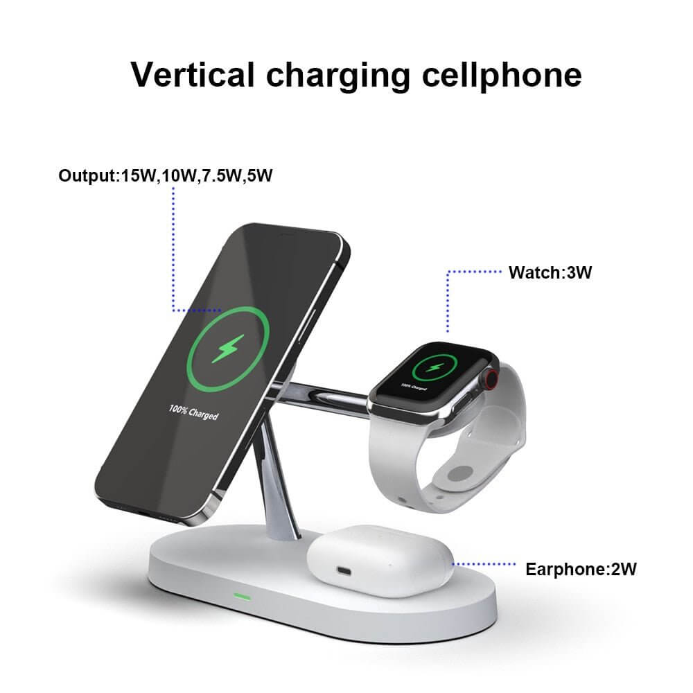 The 3-in-1 Wireless MagSafe Charger Stand is a sleek and versatile charging solution designed to power your devices efficiently. With dedicated spaces for your iPhone (MagSafe compatible), Apple Watch, and AirPods, it keeps your essentials organized and fully charged. The stand offers fast wireless charging with a compact, modern design that complements any space.