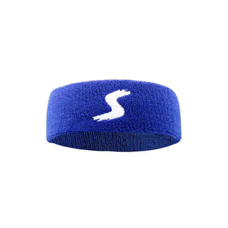 Blue fitness headband with logo, perfect for sports, workouts, and outdoor activities. Durable and sweat-absorbent design.