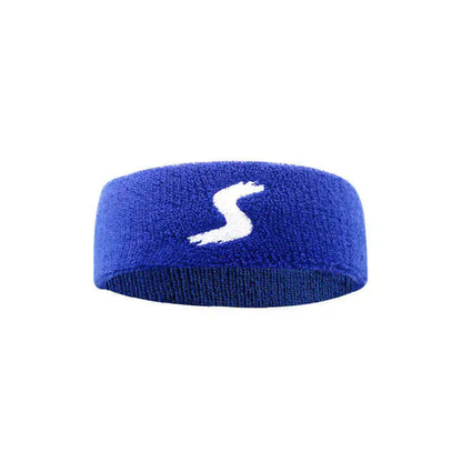 Blue fitness headband with logo, perfect for sports, workouts, and outdoor activities. Durable and sweat-absorbent design.