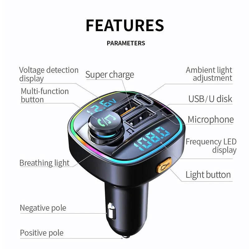 Adaptateur transmetteur FM sans fil Bluetooth 5.0 pour voiture Chargeur USB PD AUX mains libres 