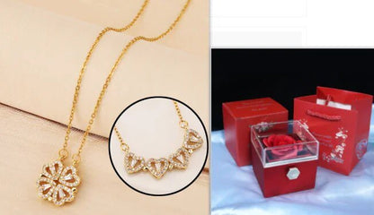 Conjunto de regalo con collar de trébol de cuatro hojas y corazón: delicada joyería de oro