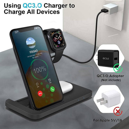 The 3-in-1 Wireless Fast Charger Dock Station is a sleek and efficient charging solution for all your devices. Designed to charge your smartphone, smartwatch, and earbuds simultaneously, it offers fast wireless charging with an organized and clutter-free setup.