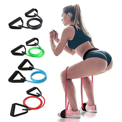Fitness resistance bands in various colors used by a woman for full-body workouts, perfect for sports and health enthusiasts.