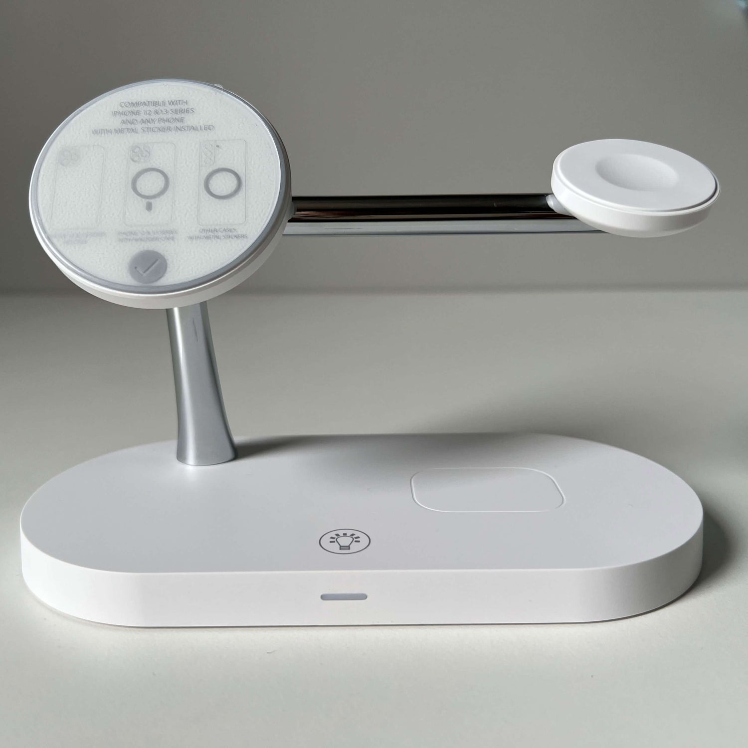 The 3-in-1 Wireless MagSafe Charger Stand is a sleek and versatile charging solution designed to power your devices efficiently. With dedicated spaces for your iPhone (MagSafe compatible), Apple Watch, and AirPods, it keeps your essentials organized and fully charged. The stand offers fast wireless charging with a compact, modern design that complements any space.