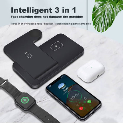 The 3-in-1 Wireless Fast Charger Dock Station is a sleek and efficient charging solution for all your devices. Designed to charge your smartphone, smartwatch, and earbuds simultaneously, it offers fast wireless charging with an organized and clutter-free setup.