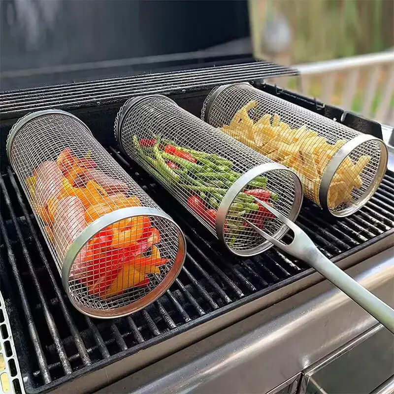 Cesta de barbacoa redonda de acero inoxidable: perfecta para asar al aire libre y acampar