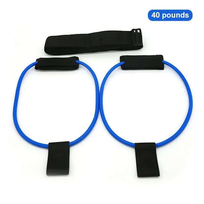 Blue fitness resistance bands set, adjustable to 40 pounds, perfect for versatile workouts and rehabilitation exercises.