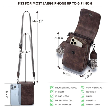 POIUGOYA Petits sacs à bandoulière pour femmes, tendance, en cuir, triple compartiment, portefeuille pour téléphone portable, avec emplacements pour cartes, café profond