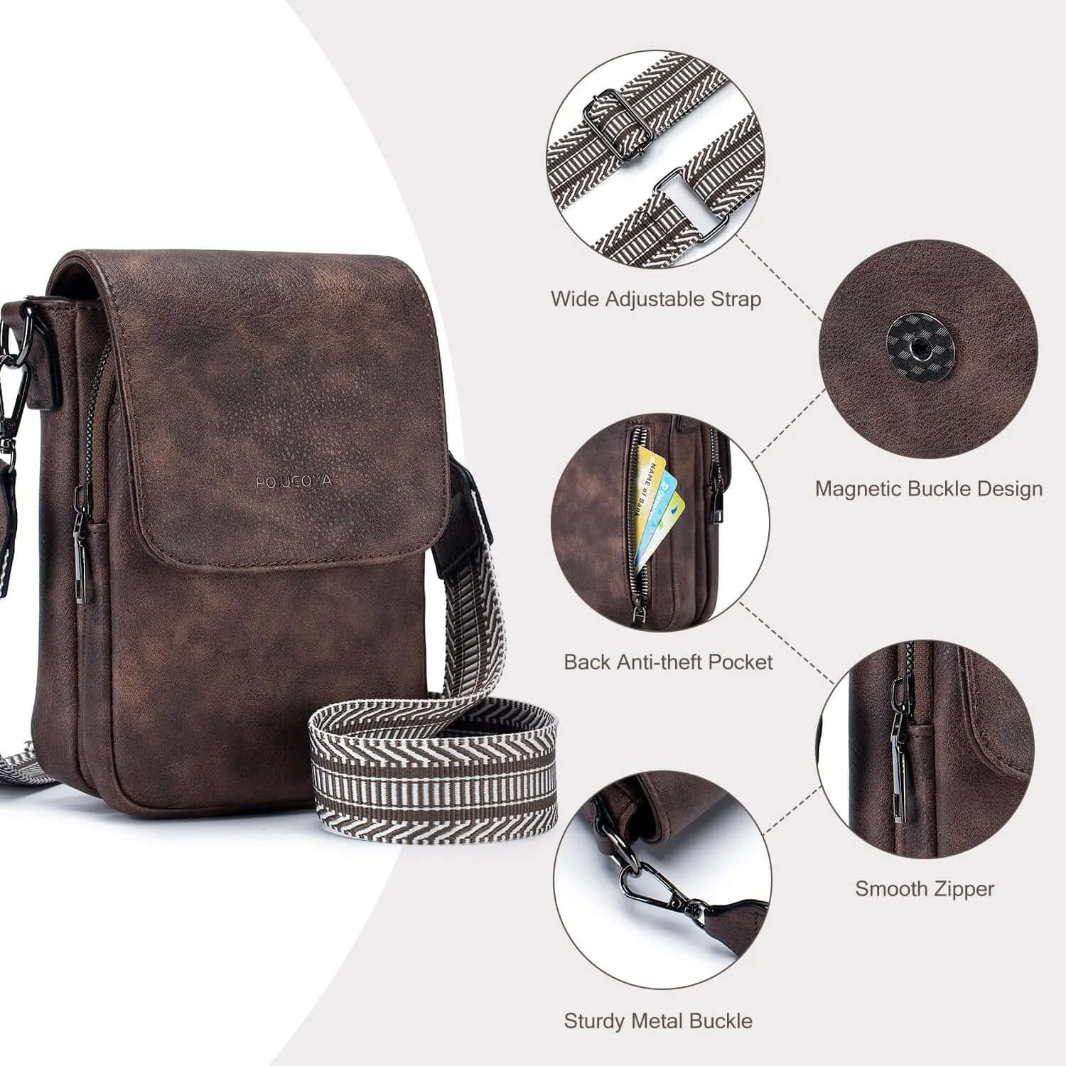POIUGOYA Petits sacs à bandoulière pour femmes, tendance, en cuir, triple compartiment, portefeuille pour téléphone portable, avec emplacements pour cartes, café profond