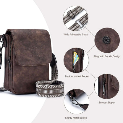 POIUGOYA Petits sacs à bandoulière pour femmes, tendance, en cuir, triple compartiment, portefeuille pour téléphone portable, avec emplacements pour cartes, café profond