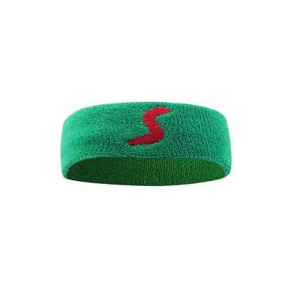 Fitness headband in green with red logo, designed for sports and workouts, providing comfort and non-slip performance.