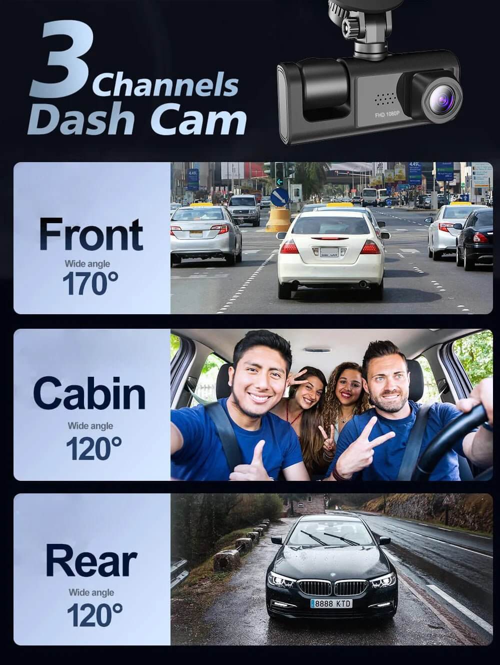 Caméra de tableau de bord à double objectif HD 1080P pour voiture, enregistreur vidéo avant/arrière/intérieur, capteur G 