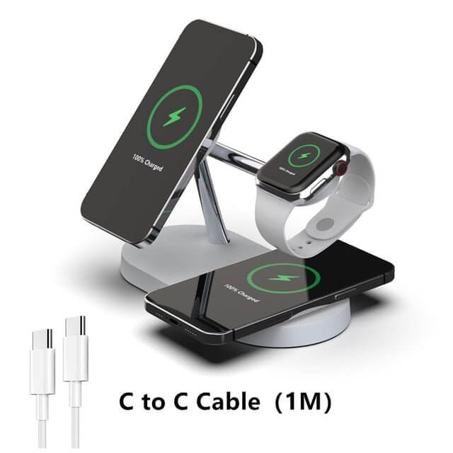 The 3-in-1 Wireless MagSafe Charger Stand is a sleek and versatile charging solution designed to power your devices efficiently. With dedicated spaces for your iPhone (MagSafe compatible), Apple Watch, and AirPods, it keeps your essentials organized and fully charged. The stand offers fast wireless charging with a compact, modern design that complements any space.