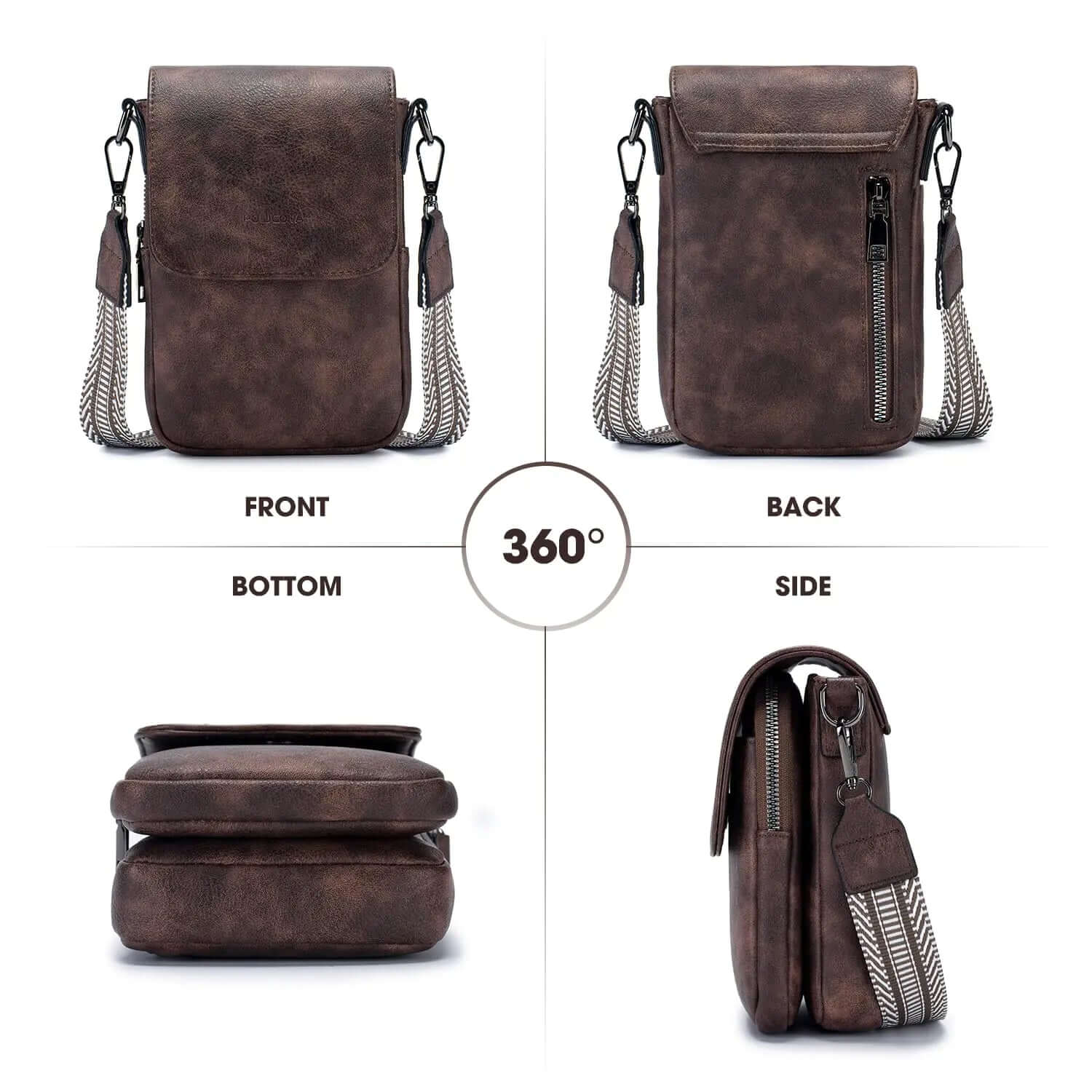 POIUGOYA Petits sacs à bandoulière pour femmes, tendance, en cuir, triple compartiment, portefeuille pour téléphone portable, avec emplacements pour cartes, café profond