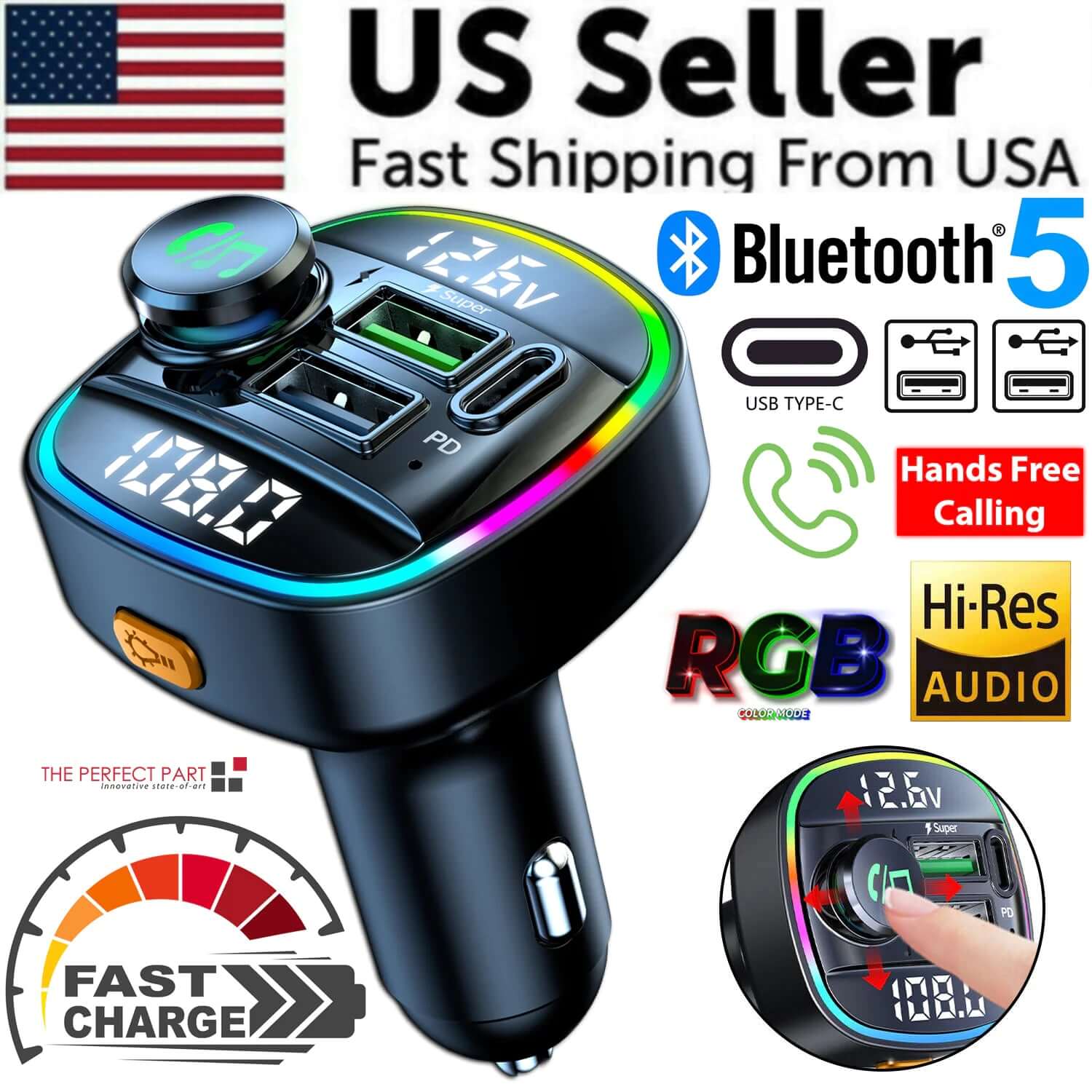 Adaptateur transmetteur FM sans fil Bluetooth 5.0 pour voiture Chargeur USB PD AUX mains libres 