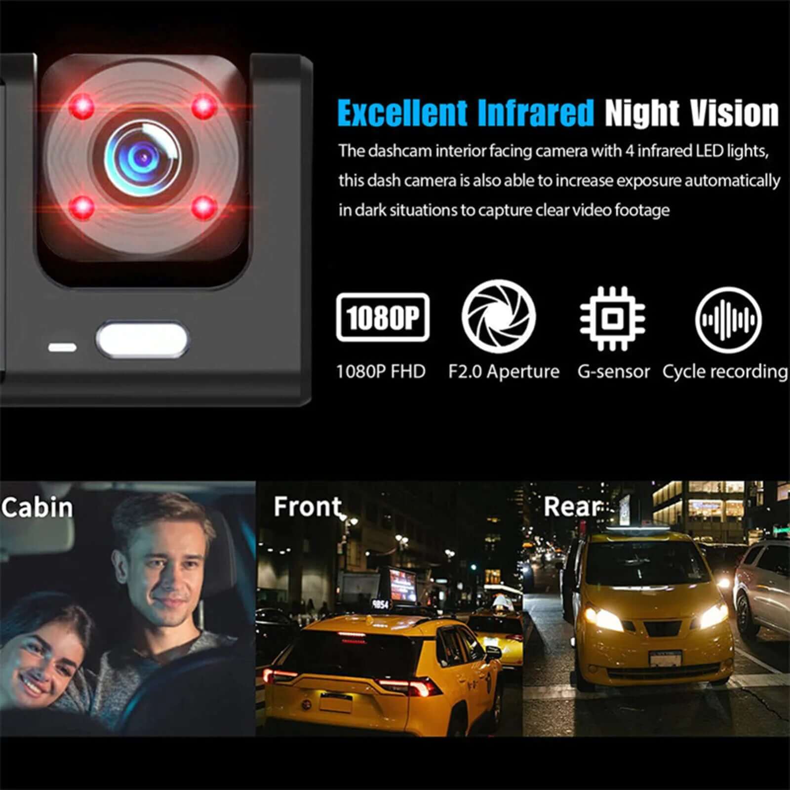 Caméra de tableau de bord à double objectif HD 1080P pour voiture, enregistreur vidéo avant/arrière/intérieur, capteur G 