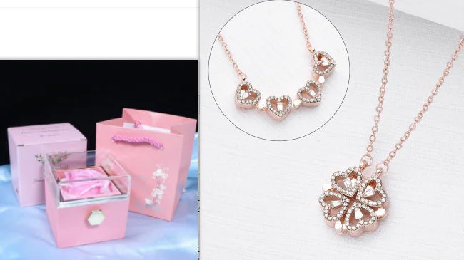 Conjunto de regalo con collar de trébol de cuatro hojas y corazón: delicada joyería de oro