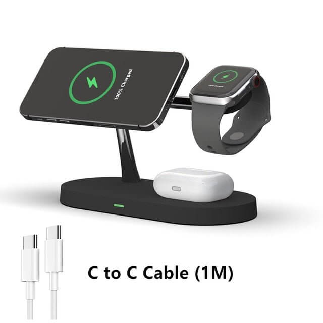 The 3-in-1 Wireless MagSafe Charger Stand is a sleek and versatile charging solution designed to power your devices efficiently. With dedicated spaces for your iPhone (MagSafe compatible), Apple Watch, and AirPods, it keeps your essentials organized and fully charged. The stand offers fast wireless charging with a compact, modern design that complements any space.