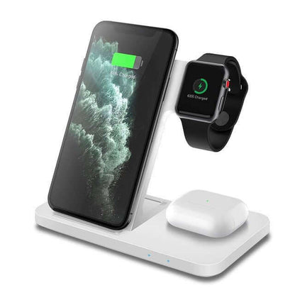 The 3-in-1 Wireless Fast Charger Dock Station is a sleek and efficient charging solution for all your devices. Designed to charge your smartphone, smartwatch, and earbuds simultaneously, it offers fast wireless charging with an organized and clutter-free setup.
