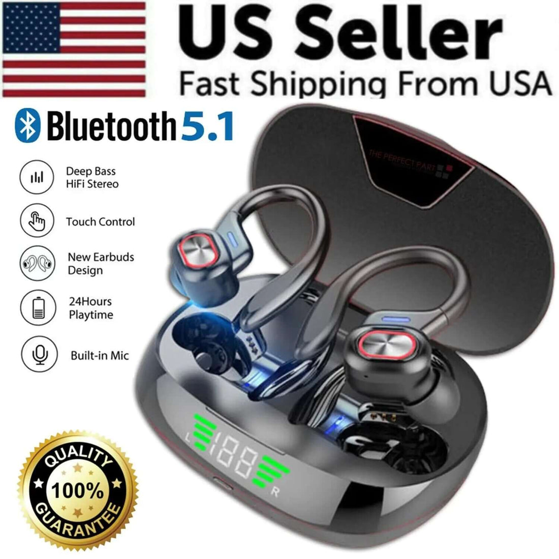 Bluetooth Headset 5.1 True Wireless Earphones Earbuds Headphones HiFi Sport TWS - 11 Étoiles