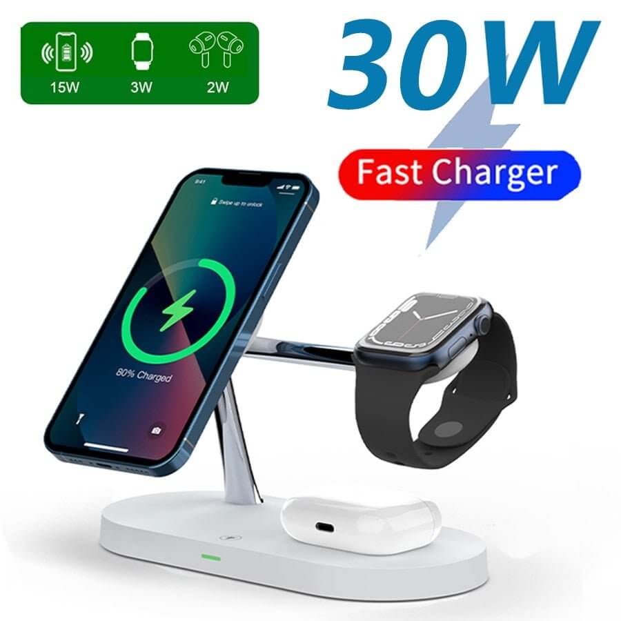 The 3-in-1 Wireless MagSafe Charger Stand is a sleek and versatile charging solution designed to power your devices efficiently. With dedicated spaces for your iPhone (MagSafe compatible), Apple Watch, and AirPods, it keeps your essentials organized and fully charged. The stand offers fast wireless charging with a compact, modern design that complements any space.