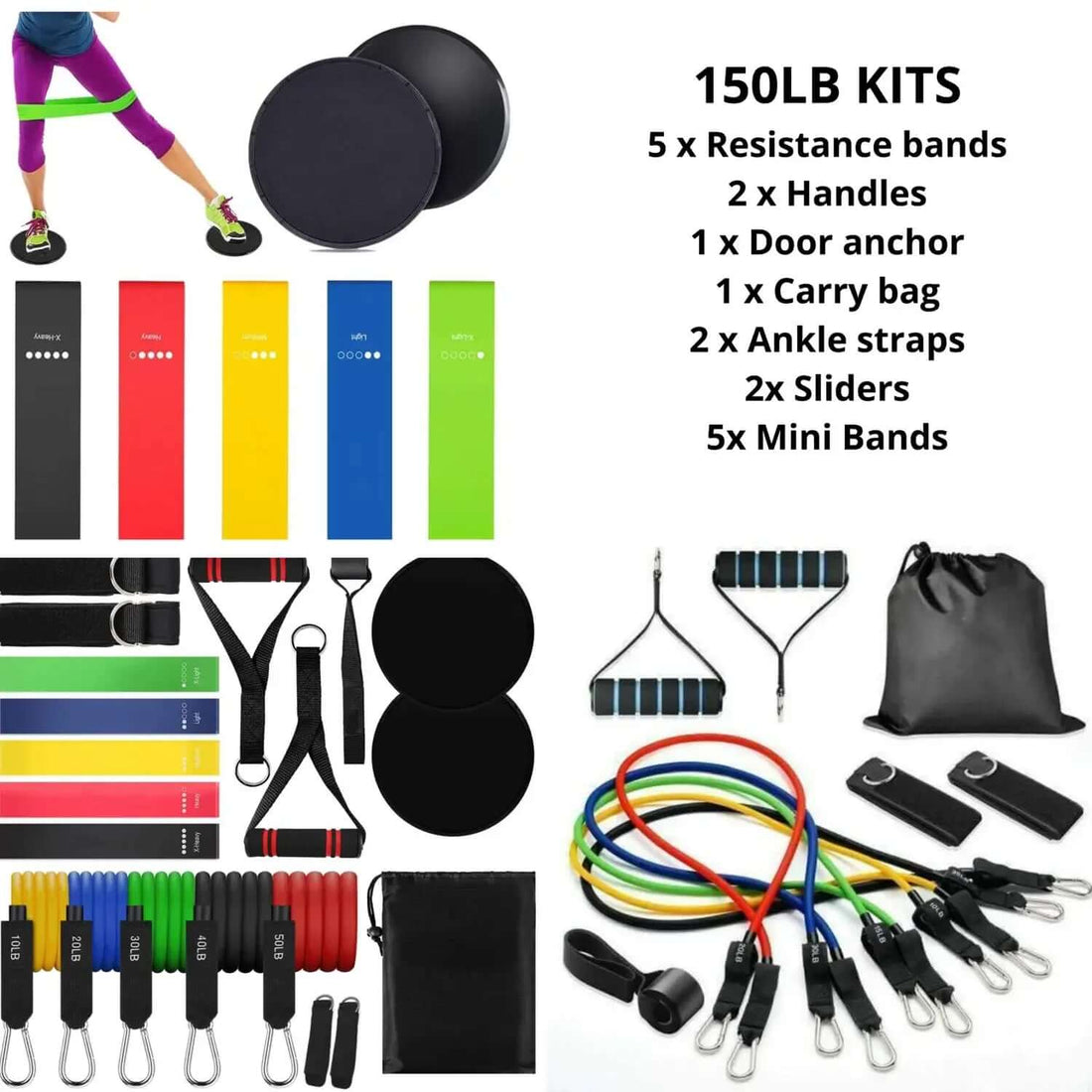 150LB Fitness Band Set kit featuring resistance bands, handles, door anchor, carry bag, ankle straps, and sliders for versatile workouts.