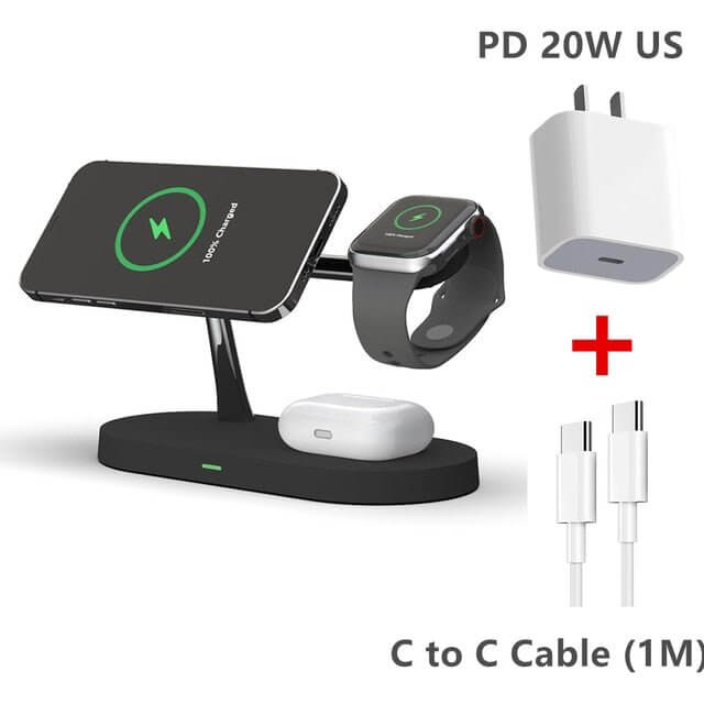 The 3-in-1 Wireless MagSafe Charger Stand is a sleek and versatile charging solution designed to power your devices efficiently. With dedicated spaces for your iPhone (MagSafe compatible), Apple Watch, and AirPods, it keeps your essentials organized and fully charged. The stand offers fast wireless charging with a compact, modern design that complements any space.