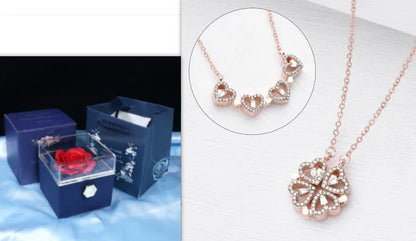 Conjunto de regalo con collar de trébol de cuatro hojas y corazón: delicada joyería de oro