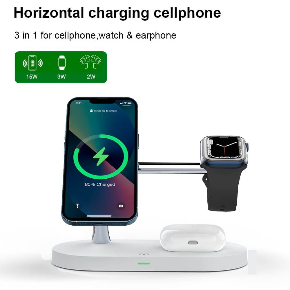 The 3-in-1 Wireless MagSafe Charger Stand is a sleek and versatile charging solution designed to power your devices efficiently. With dedicated spaces for your iPhone (MagSafe compatible), Apple Watch, and AirPods, it keeps your essentials organized and fully charged. The stand offers fast wireless charging with a compact, modern design that complements any space.