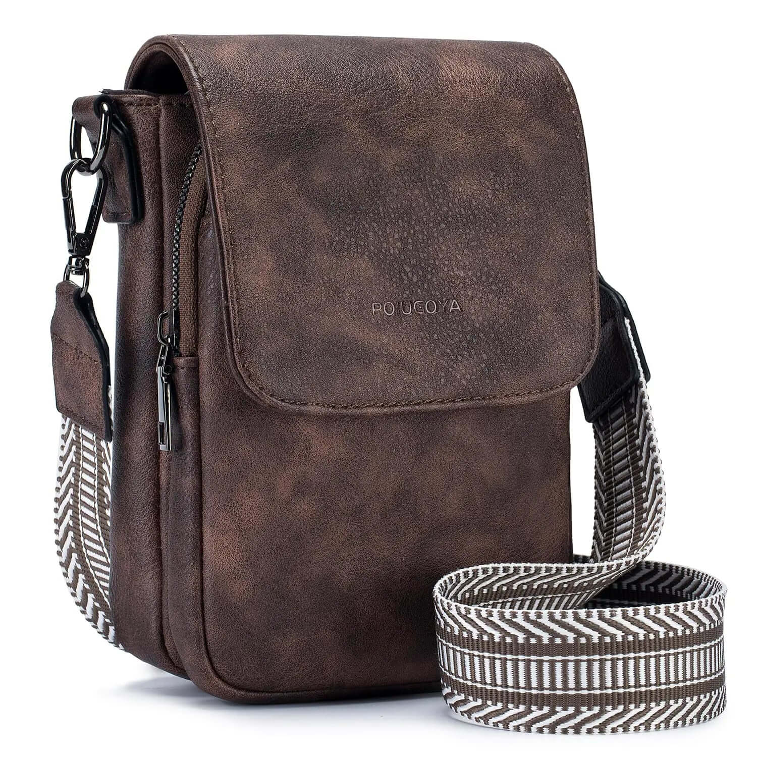 POIUGOYA Petits sacs à bandoulière pour femmes, tendance, en cuir, triple compartiment, portefeuille pour téléphone portable, avec emplacements pour cartes, café profond