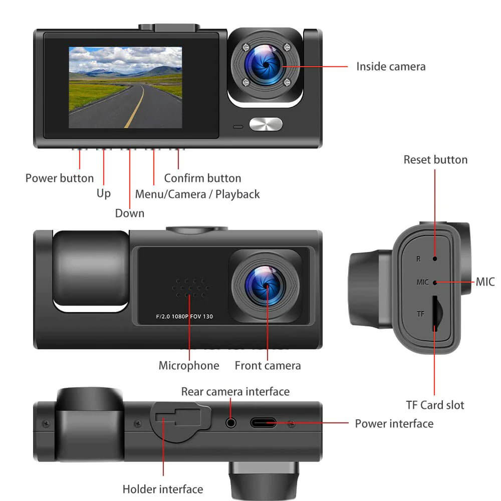 Caméra de tableau de bord à double objectif HD 1080P pour voiture, enregistreur vidéo avant/arrière/intérieur, capteur G 