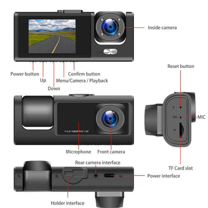 Caméra de tableau de bord à double objectif HD 1080P pour voiture, enregistreur vidéo avant/arrière/intérieur, capteur G 