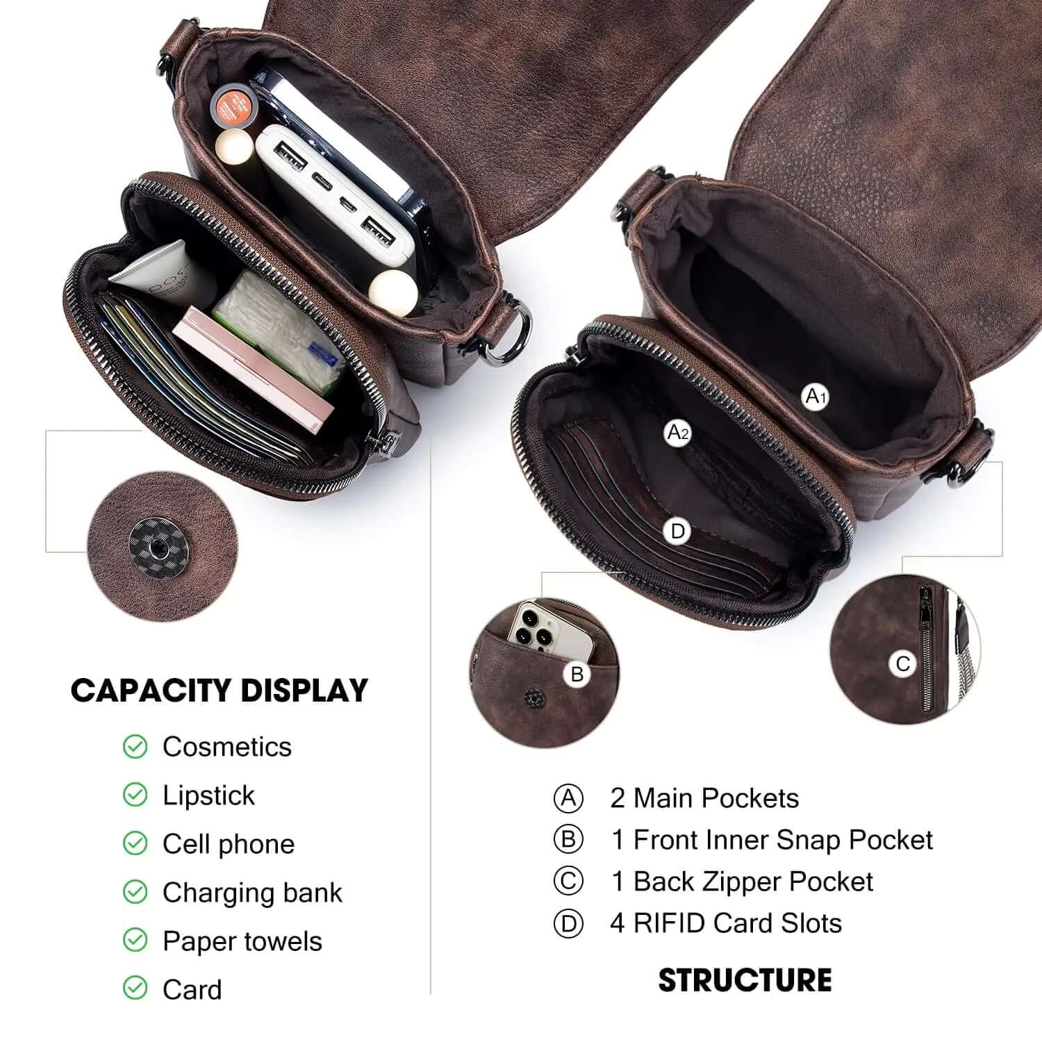 POIUGOYA Petits sacs à bandoulière pour femmes, tendance, en cuir, triple compartiment, portefeuille pour téléphone portable, avec emplacements pour cartes, café profond