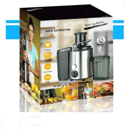 Press Juicer Machine box featuring user-friendly design, juice extractor with powerful motor for fruits and vegetables.