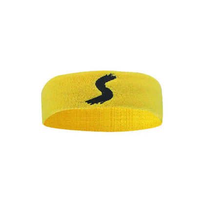 Yellow fitness headband with a black logo, sweat-absorbent and non-slip, ideal for sports and outdoor activities.