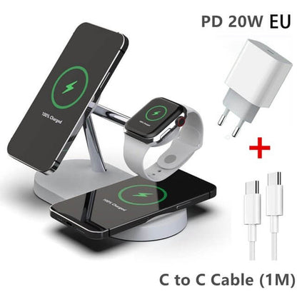 The 3-in-1 Wireless MagSafe Charger Stand is a sleek and versatile charging solution designed to power your devices efficiently. With dedicated spaces for your iPhone (MagSafe compatible), Apple Watch, and AirPods, it keeps your essentials organized and fully charged. The stand offers fast wireless charging with a compact, modern design that complements any space.